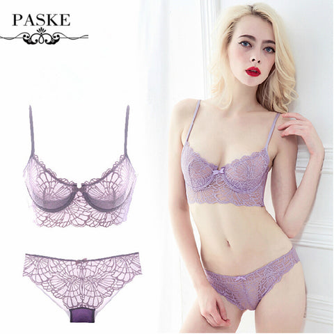 PASKE Brand Women Bra Set Full Transparent Lace Bra And Panty Set Underwear