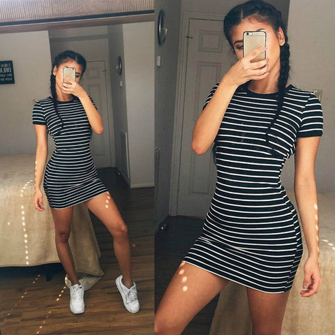 New Fashion Kylie Jenner Short Sleeve Black And White Striped Dress