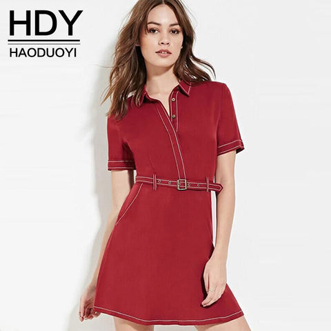 HDY Haoduoyi Womens Summer fashionSlim Swing short Dress Office lady with Belt mini Dresses