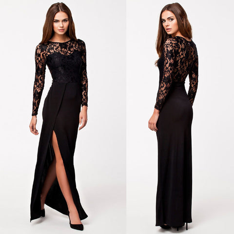 Brand Design O-Neck Slim One-Piece Lace Dress Black Long Sleeve Party Dress Women Ankle Length Long Maxi Dress C1297