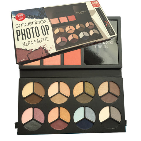 Smashbox PHOTO OP Mega Palette Set: 8 Photo Op Eye Shadow Trios + 3 Blushes + Get the Look Pamphlet + Full Exposure Mascara