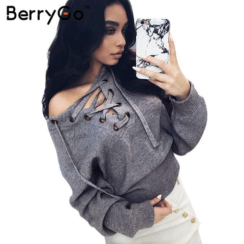 BerryGo Lace up winter sweater women 2016 Casual loose belt ribbed top knitwear Sexy jumper Elastic hem pullover outwear