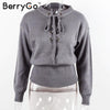 BerryGo Lace up winter sweater women 2016 Casual loose belt ribbed top knitwear Sexy jumper Elastic hem pullover outwear