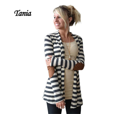TANIA New Fashion 2016 Autumn Women Grey & White Striped Cardigan Patching Pu Leather Long Sleeve Casual Knitted Sweater Tops