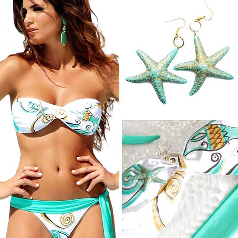 Women Trendy Push Up Lace-up Bra+Low Elastic Waist Side Tiedown Briefs Starfish Print Patchwork Bikini Set Swimsuit