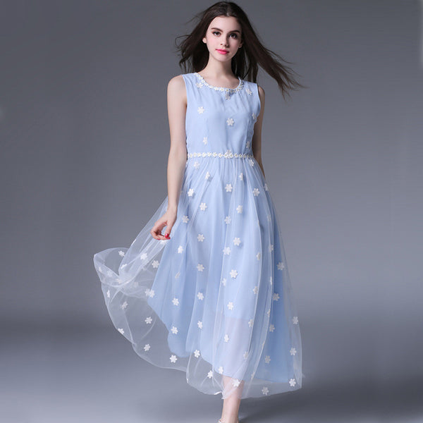 Women Swing Chiffon Dresses Slim O Neck Sleeveless Embroidery Kylie Chiffon Dress