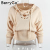 BerryGo Lace up winter sweater women 2016 Casual loose belt ribbed top knitwear Sexy jumper Elastic hem pullover outwear